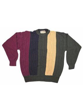 Men's Vintage Ivy Crew Classics Cableknit Sweater XL Green Red Yellow Hong Kong